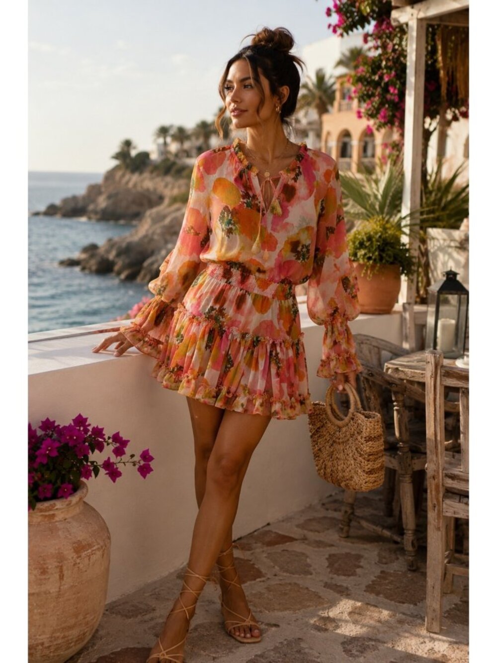 MISA Los Angeles Floral Ruffle Mini Dress Medium Pink Orange Sheer Boho USA